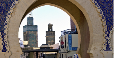 Vista panorámica de la medina de Fez con sus calles laberínticas y edificios históricos, destacando la arquitectura tradicional marroquí y los zocos bulliciosos